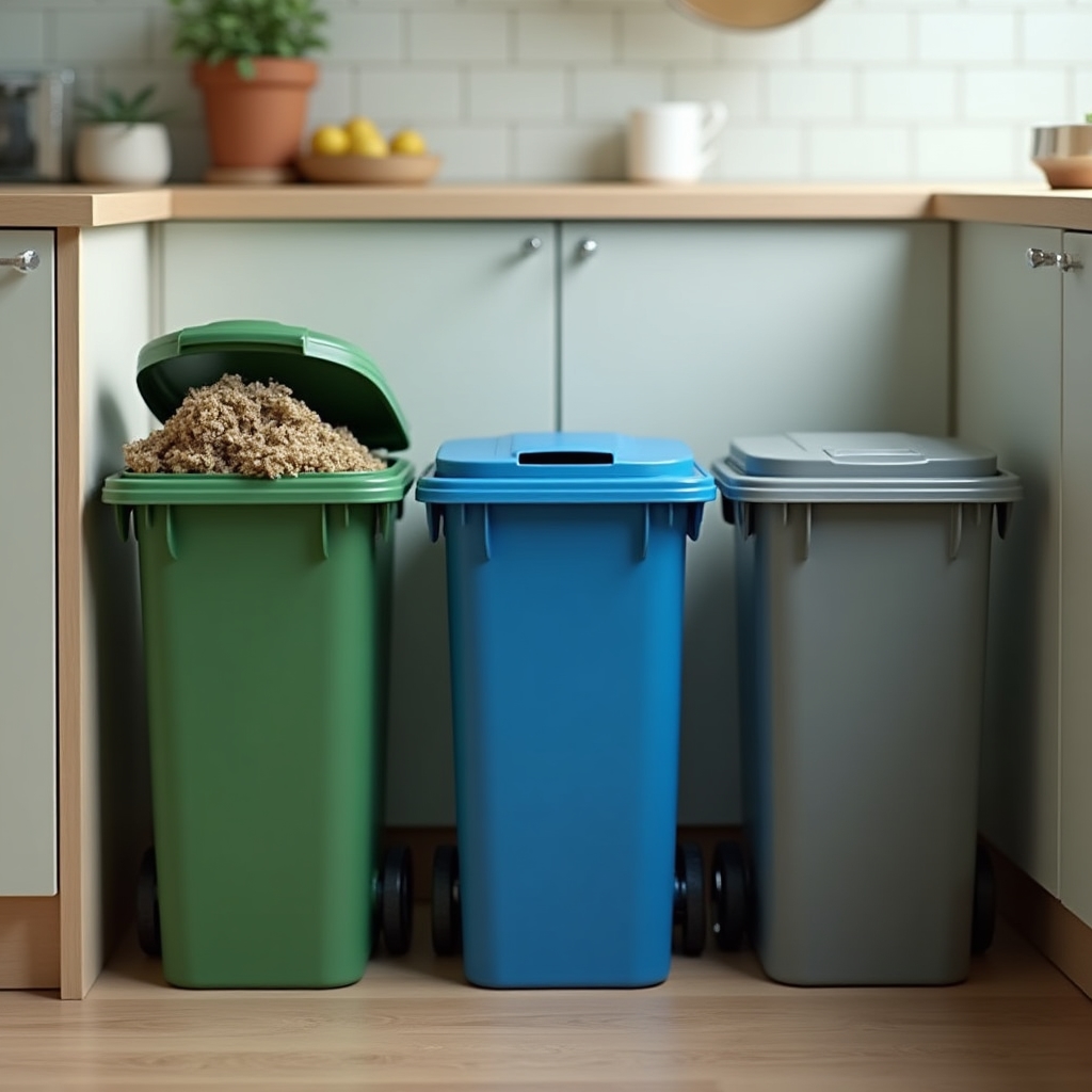 Contenedores de distintos colores para separar residuos en el hogar