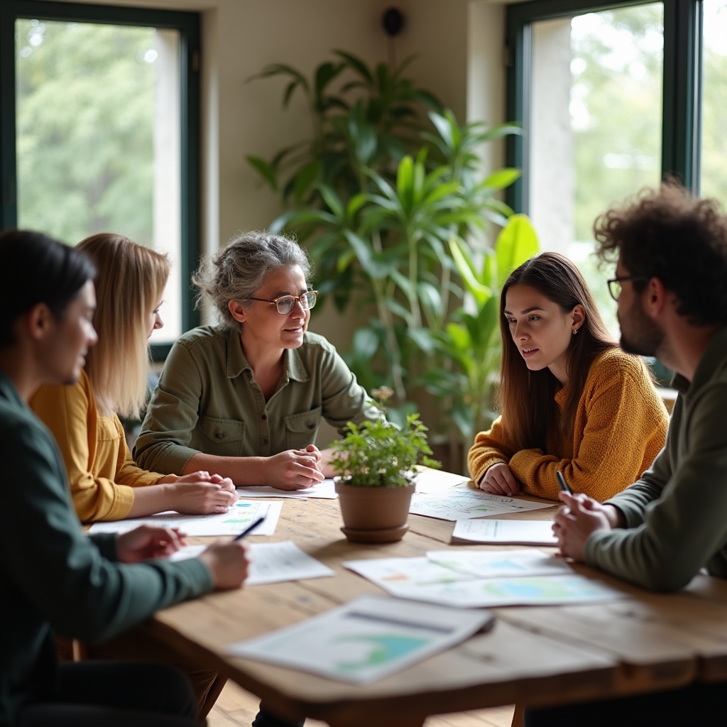 Grupo diverso de personas conversando en un taller comunitario sobre hábitos sostenibles