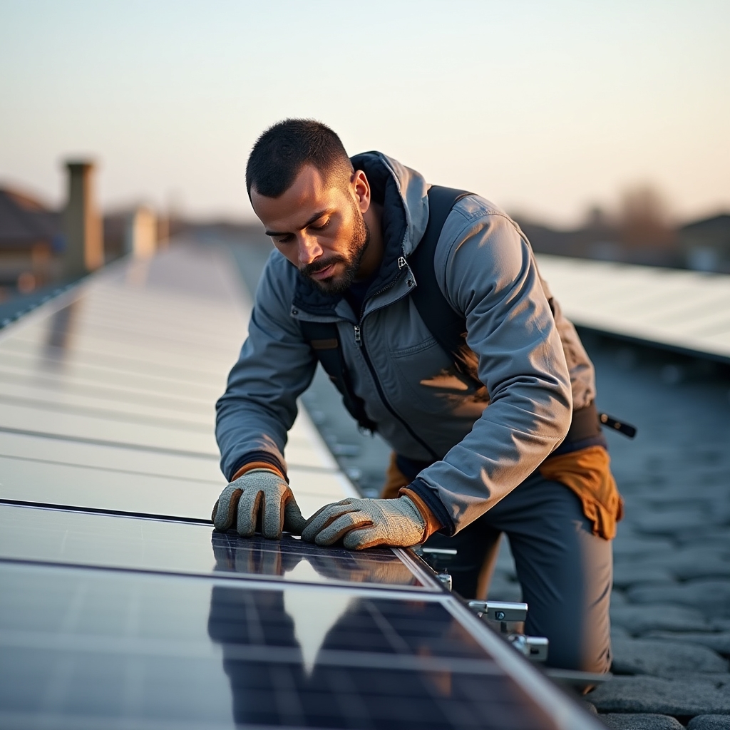Técnico revisando la instalación de paneles solares en un techo residencial