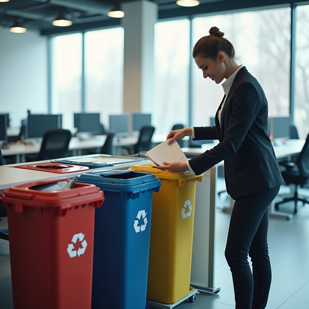 Espacio de oficina con puntos de reciclaje visibles y organizados